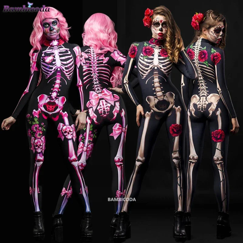 ฮาโลวีนน่ากลัวคอสเพลย์Skeleton Roseเซ็กซี่ผู้หญิงDevil Vampire Jumpsuit Party Carnivalเครื่องแต่งกายน่ากลัวเด็กผู้หญิงDay Of The Dead