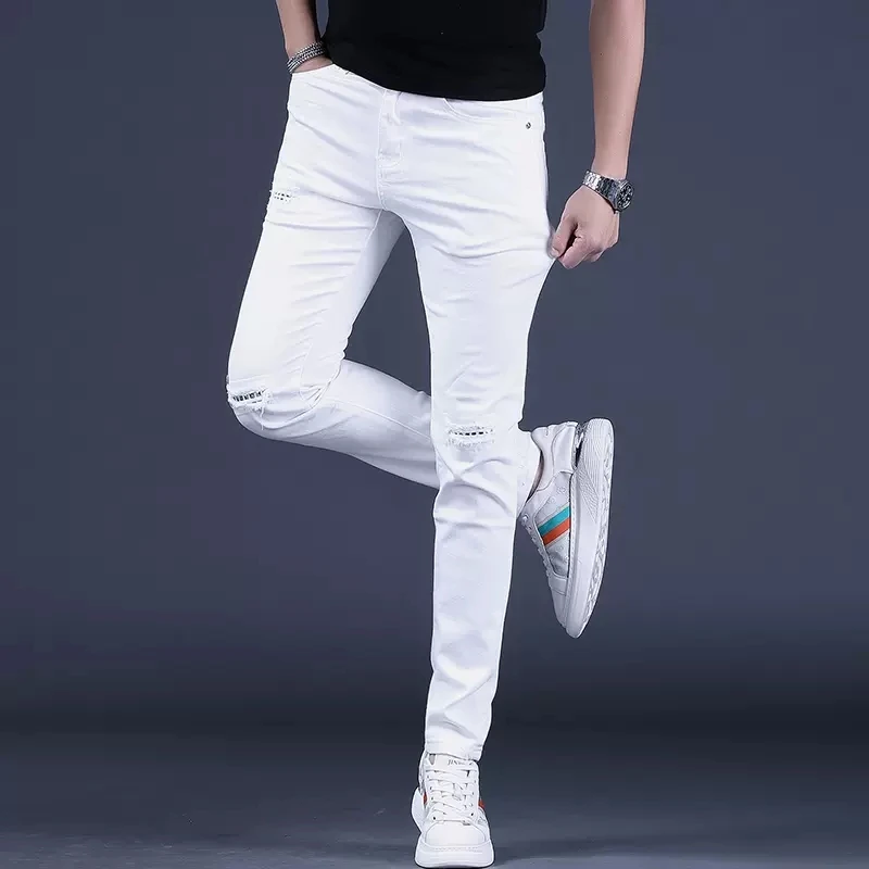 Summer White Rhinestone Patches Ripped Jeans Men Casual Slim Fit Straight Denim Pants