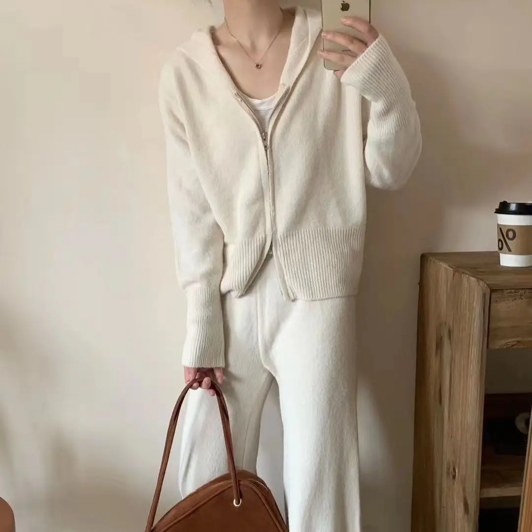 Oversized Women Knitted Suit Polo Collar Split Sweater Pullover and Wide Leg Elastic High Waist Pants 2 Pieces Set Female Autumn