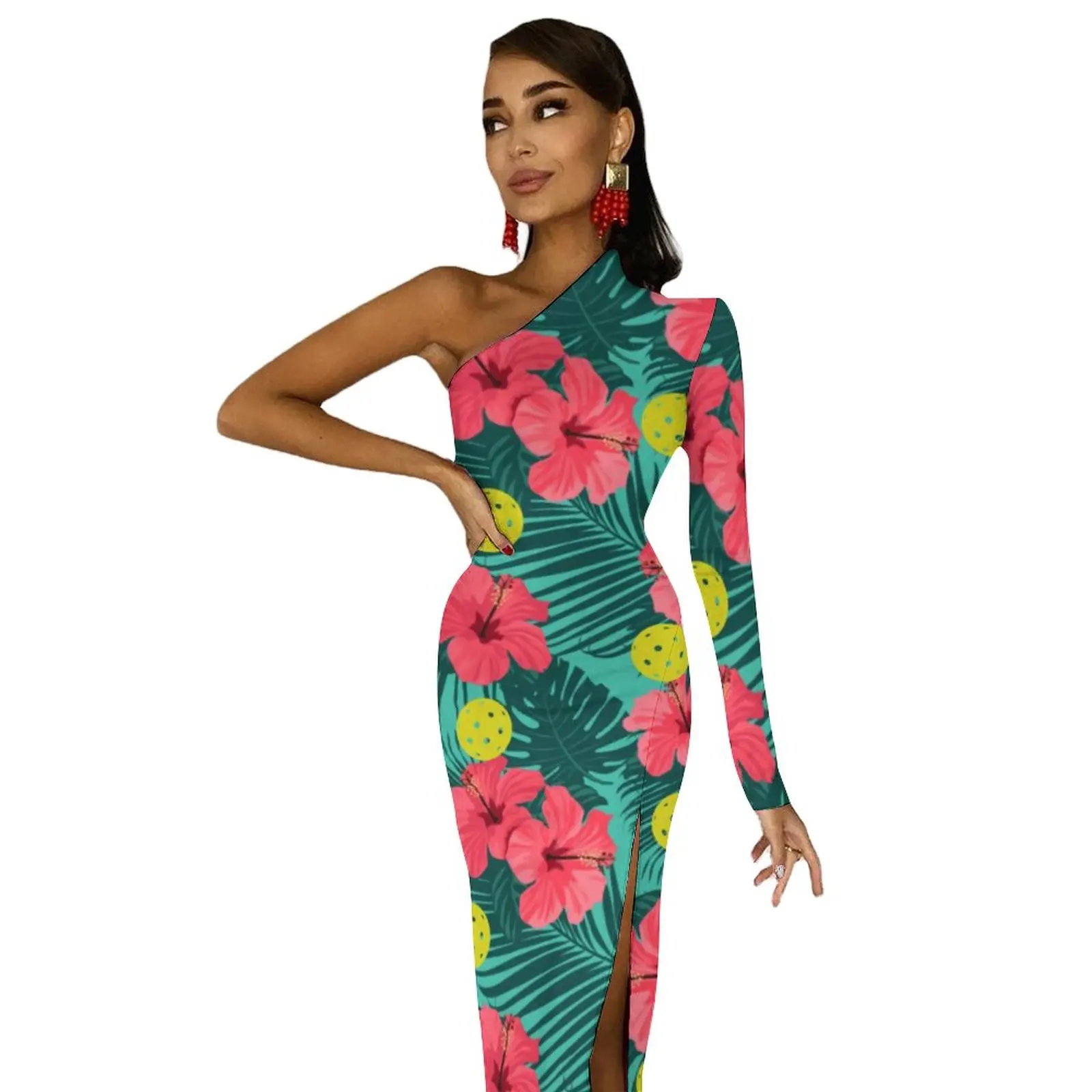 Hibiscus Flower Maxi Dress Long Sleeve Tropical Pickleball Elegant Bodycon Dress Side Split Party Long Dresses Print Clothes