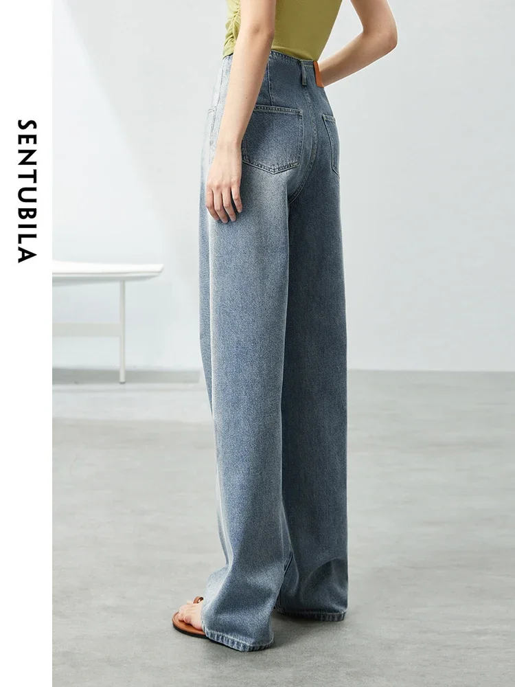 SENTUBILA Vintage Washed Jeans Women Trousers 2024 Hight Street Cotton Blend Denim Pants Loose Wide Leg Straight Jeans W42N54347