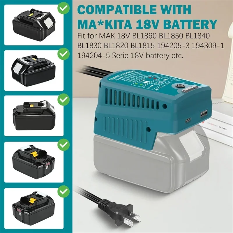 شاحن سريع محمول لبطارية ماكيتا 18 فولت BL1830 BL1850 BL1860 مع مخرج USB ونوع C 110 فولت 3A للتخييم والسفر