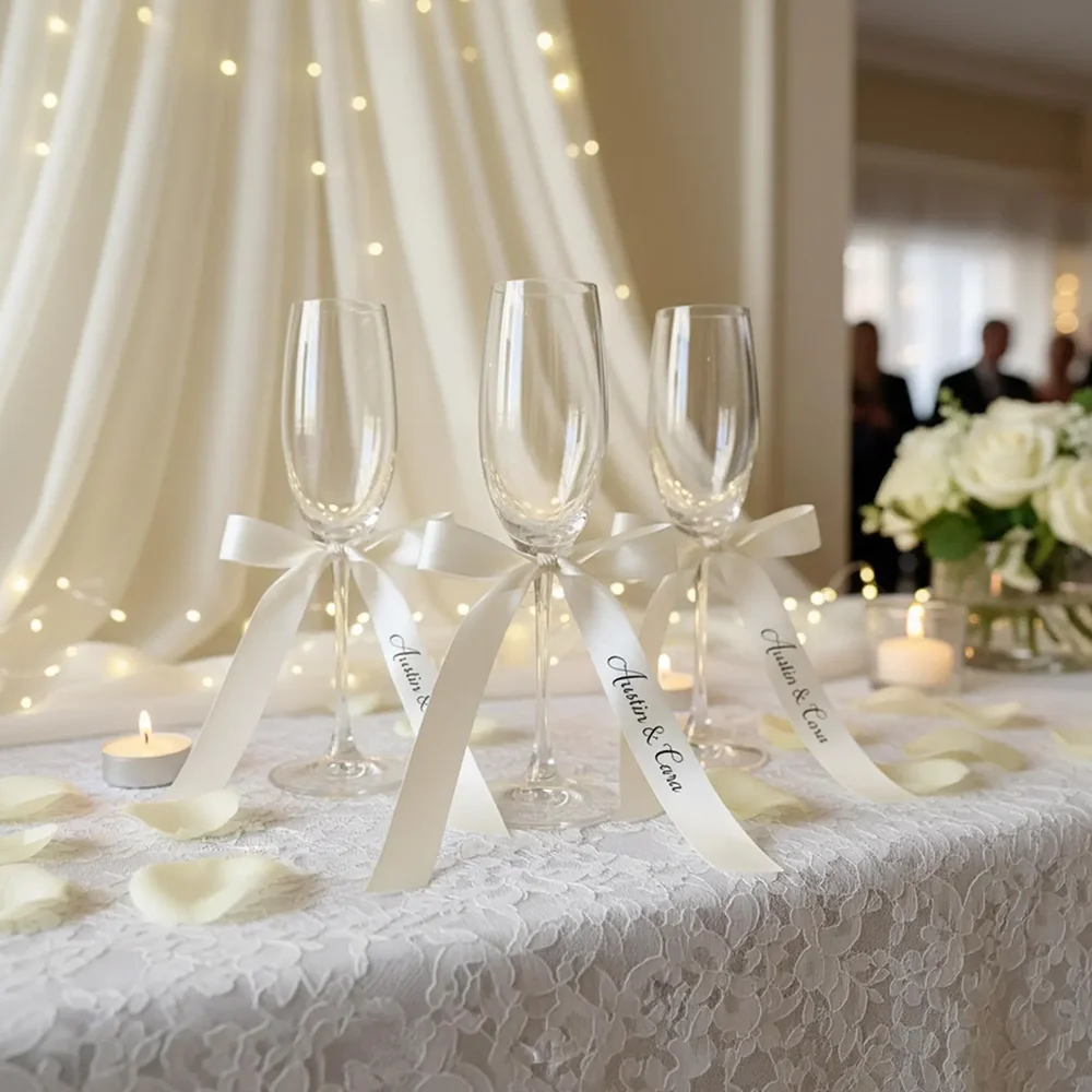 Personalisierte 5-teilige weiße Bänder mit Namen, Hochzeitstagszubehör, Weinglas-Etiketten, Tischservietten-Dekorationen, Sitzkarten für den Empfang – Detail 2