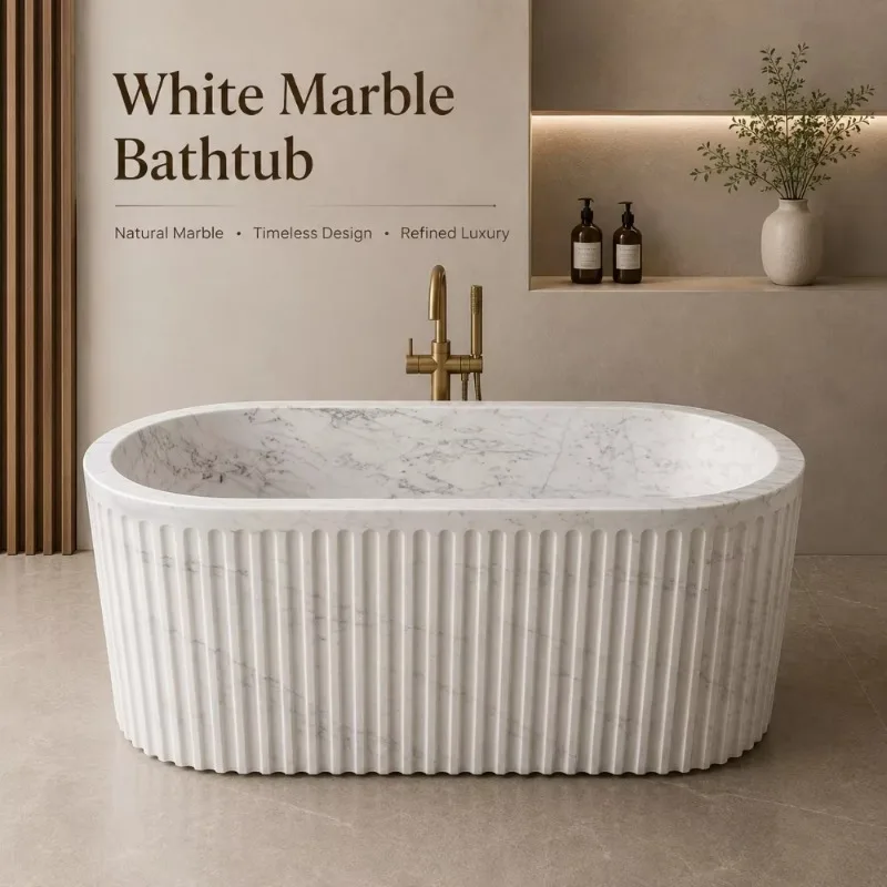 Hand-Carved Carrara White Marble Bathtub Contemporary Freestanding Tub With Fluted Design Premium Solid Stone Soaking Bath