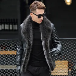 Men Real Leather Coat Raccoon Fur Collar Fur Men Thickened Leather Jacket Winter Slim Fur Coat Sheepskin Jacket Cardigan Top Men