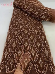 Tecido de renda com lantejoulas para vestido de casamento, bordado francês, frisado, africano, nigeriano, elegante, moda