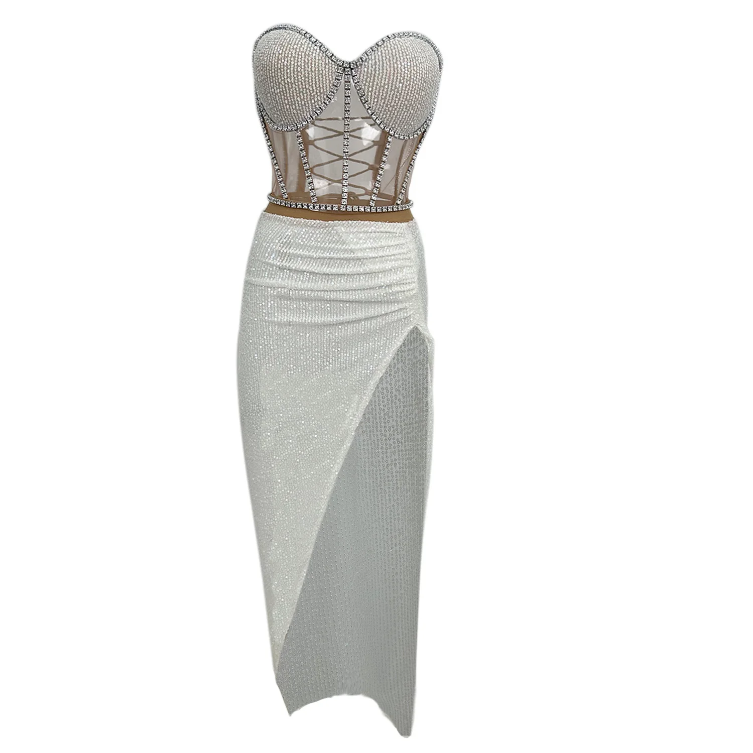 

Sexy Off Shoulder Sequin Corset Top Long Skirts 2 Piece Set Women Festival Outfits Dinner Gown Night Club Party Prom Dress