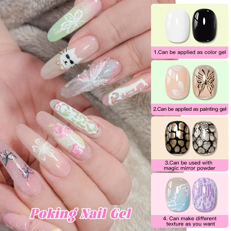 MSRUIOO 8 ml Poking Nagelgelpoliermittel Weiß Schwarz Gel Dedicated Clear Base Gel 3D Malerei Gel Lack Nail Art Prägellack