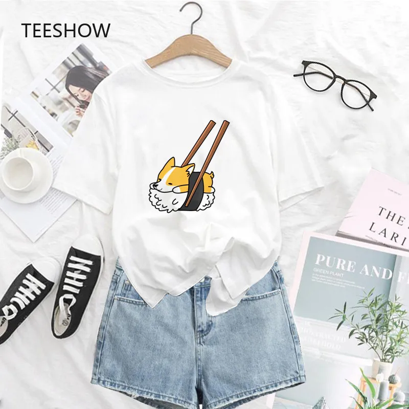 Nieuwe Zomer Sushi Corgi T-shirt Vrouwen Ulzzang Grappige Cartoon Corgi Grafische T-shirts Vrouwen Wit T-shirt Print Unisex leuke T-shirt