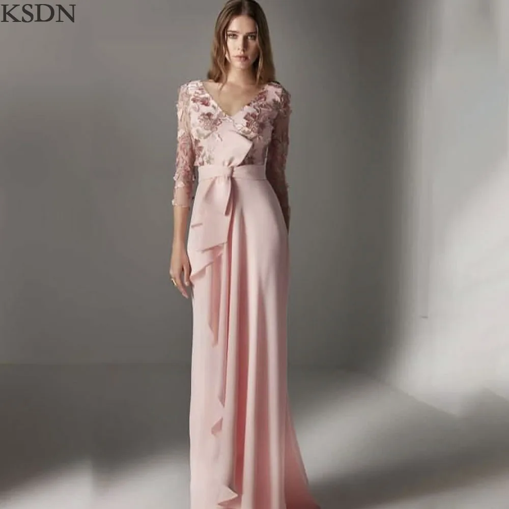 

KSDN Pretty Pink Applqiues Evening Dresses Fashion Sweetheart Floor Length Three Quarter Ruched Gowns Special Occasion Dress