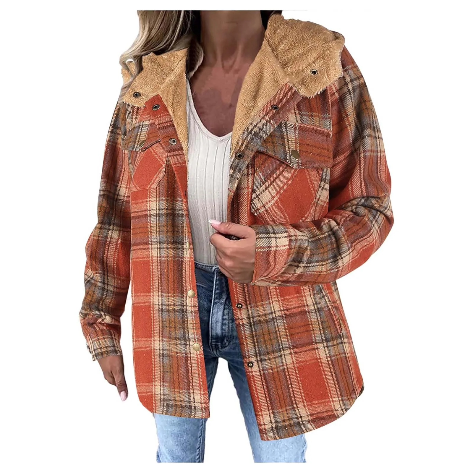 Autumn WInter Plaid Print Fleece Lined Jackets Women's Vintage Fashion Long Sleeve Button Up Hooded Outwears Coats With Pockets