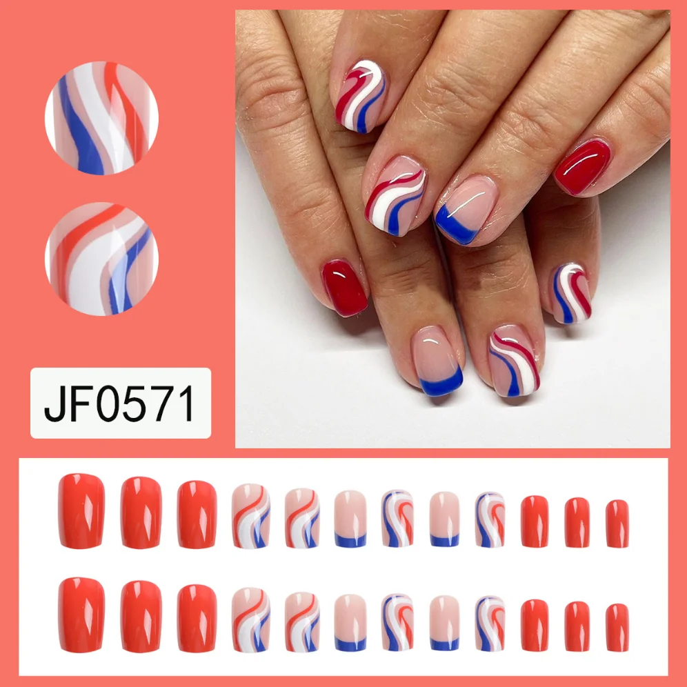 24Pcs Artificial Acrylic Short Coffin Fake Nails Red Blue White Line Nail Art False Nail Repeat Removable Press on Nail Finished