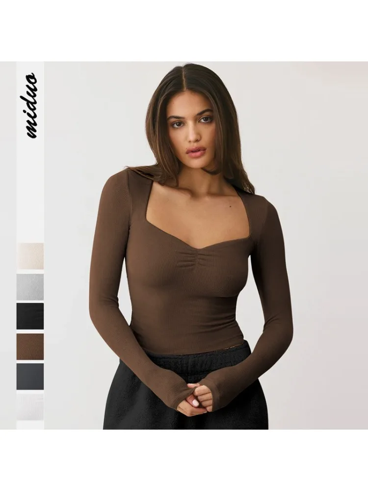 T-Shirt à manches longues pour femme, coupe cintrée, encolure carrée, hauts Sexy, vêtements Y2k, nouvelle mode automne hiver 2025