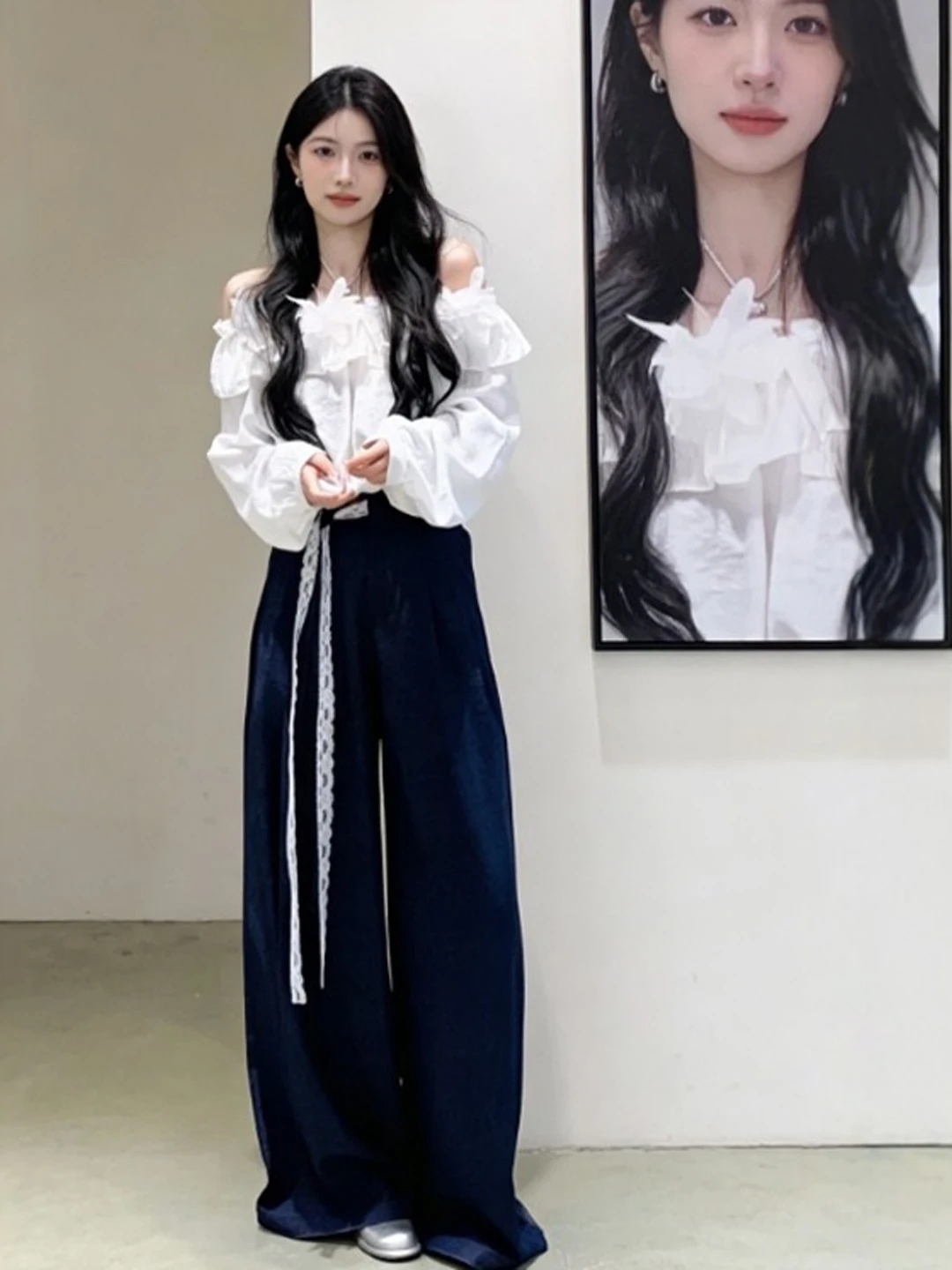 

Korean Sle Gentle One-oulder Casual Pants Two-Piece Set Whole OOTD Matching Spring 2026 Comfortable Cotton Blend ort Sl...
