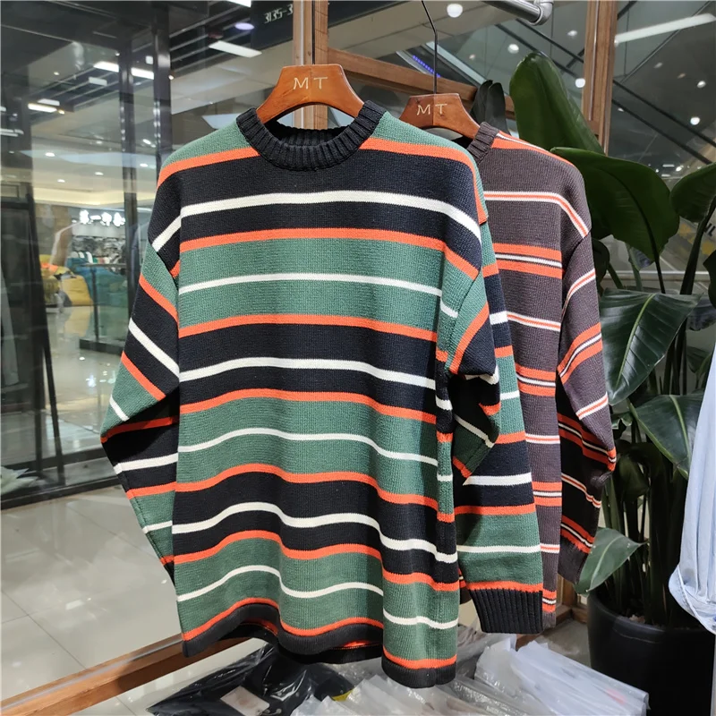 

High Quality Autumn Winter New Heavyweight Black and White Striped Sweater Men's Trend Commuter Couples Loose Casual Knitwear