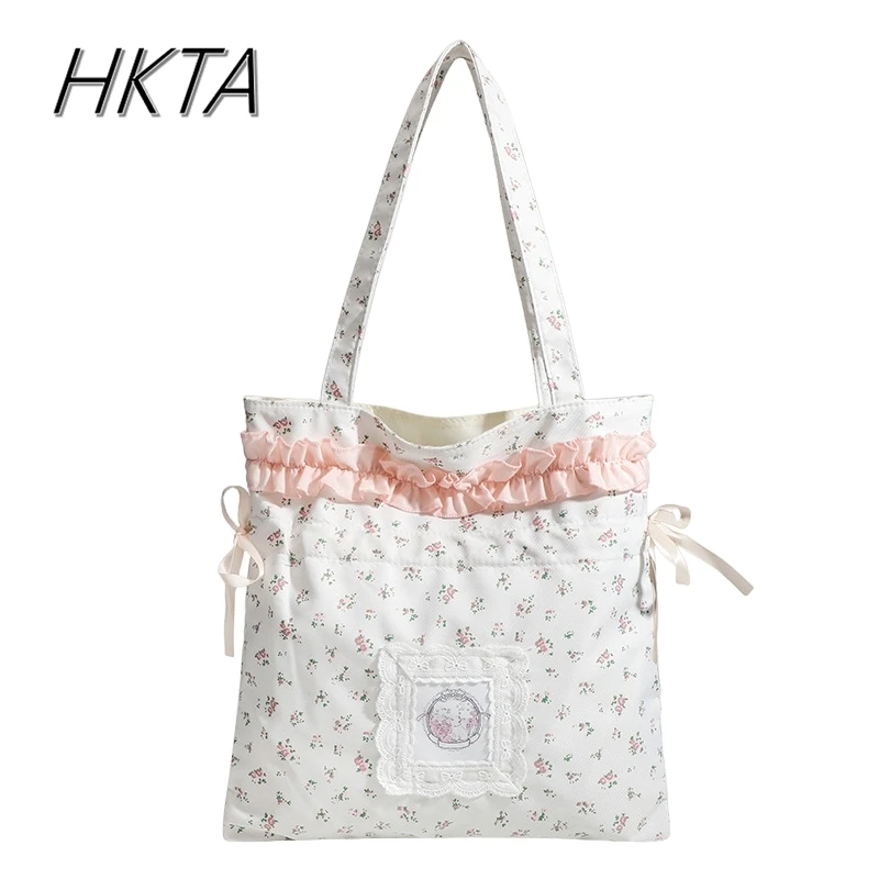 

Shoulder Sweet and Cute Versatile Floral Drawstring Lolita Cloth Bag Women Kawaii Small Fresh Pleated Drawstring Tote Bag Girls