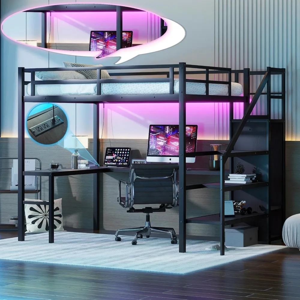 

Full Size Gaming Loft Bed with L-Shaped Desk, LED and Charging Station,Wardrobe and Adjustable Shelf for Kids Teens Adults,Black