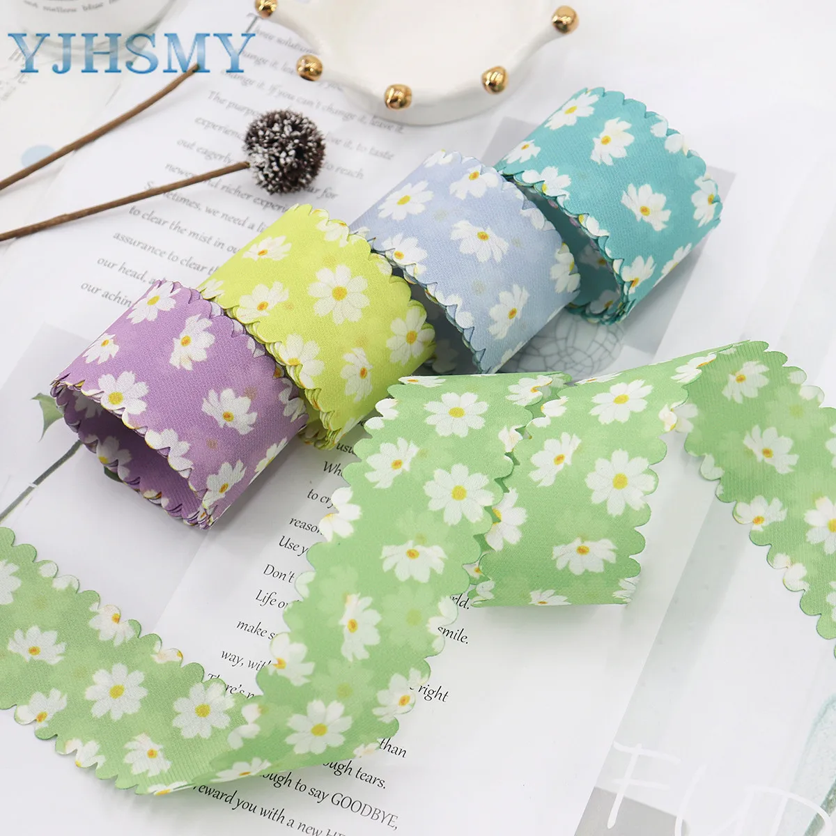 Wavy Edge Floral Flower Fabric Ribbon 5 Yards for DIY Handmade Hair Bow, Gift Wrapping Party Decorations, Crafting and Sewing