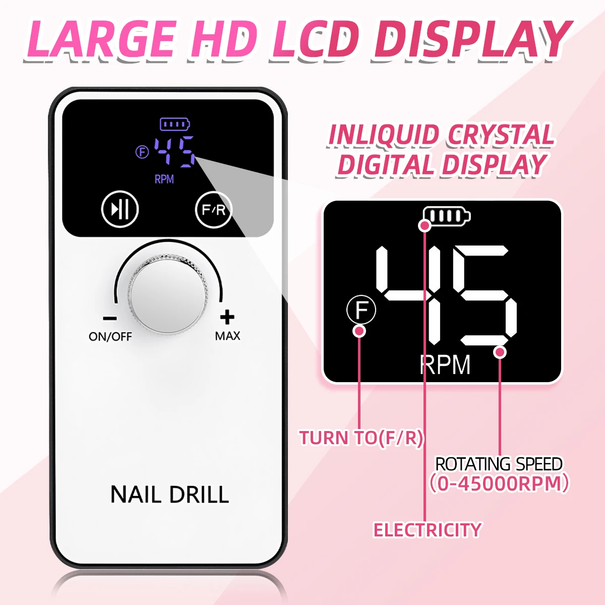 Máquina de Broca para Unhas 45000RPM, Lixadeira de Gel para Unhas Portátil, Torno Elétrico Profissional com Display LCD HD para Cuidados com Manicure