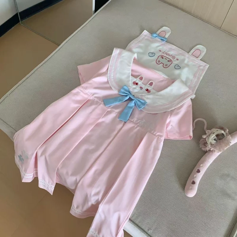 Simpatiche orecchie di coniglio Colletto blu scuro Mini abito Kawaii Stile preppy giapponese Dolce manica corta Abito a pieghe rosa Abiti ABDL Bow Cos