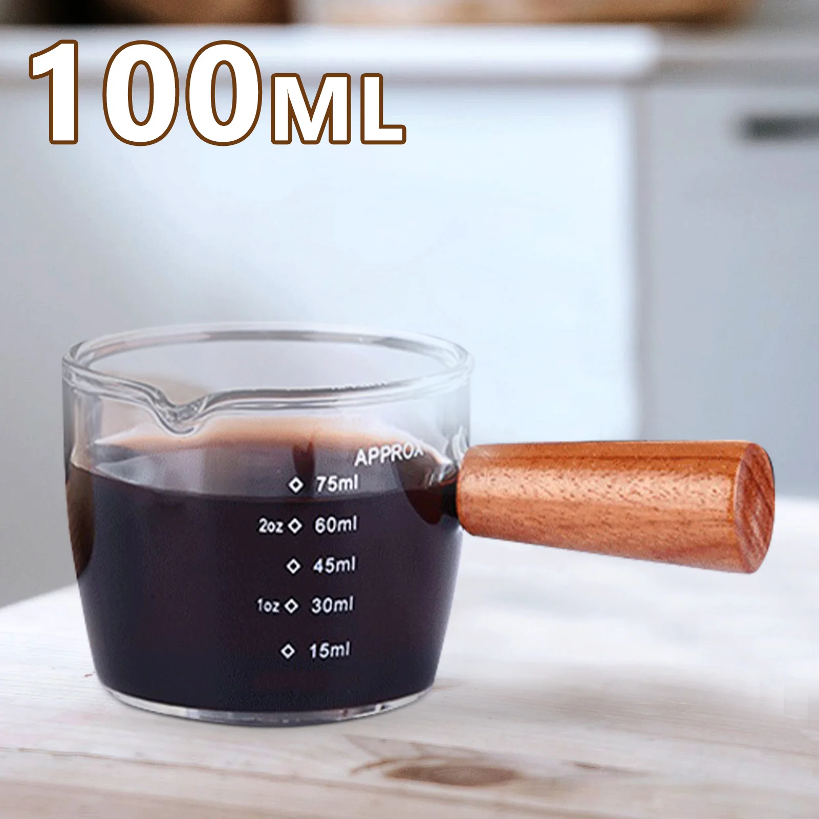 

2Pcs Espresso Glass Cup Wood Handle Scale Design Transparent Milk Cup Coffee Pouring Jug Espresso Glass Syrup Pitcher