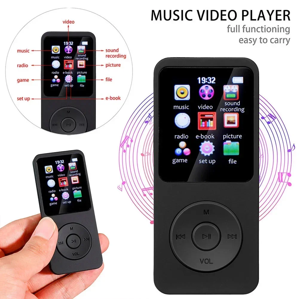 Lecteur de musique portable Lecteur stéréo de musique Bluetooth-Compatible5.4 Prise en charge de la radio FM E-PleLecteur MP3 statique Haut-parleur intégré