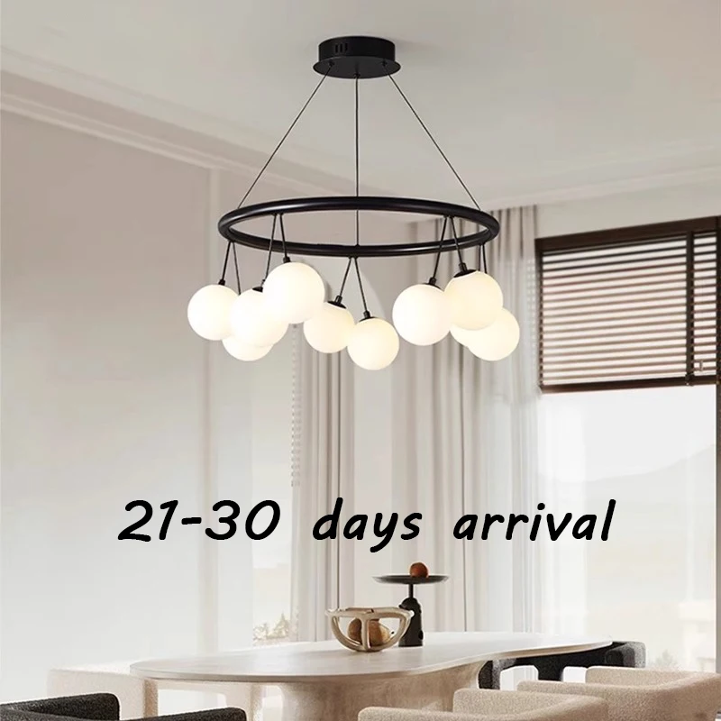 Modern Black Ring-shaped/ Long Strip Chandelier White Glass Ball Pendant Light Restaurant Living Room