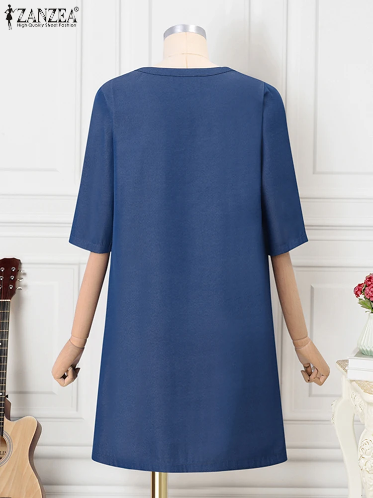 

Plus Size 5XL ZANZEA 2025 Women Summer Dress Pleated Shirt Mini Sundress Casual Loose Solid Vintage 3/4 Sleeve Short Vestidos