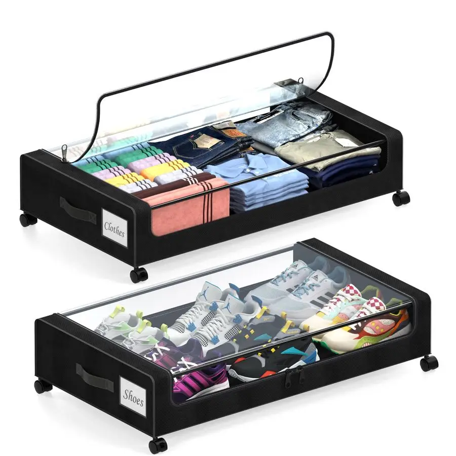 

Bed Storage with Wheels, 2 Pack Under Bed Storage Containers with Dividers amp Clear Lids, XXL 65L Under the bed storage Organiz