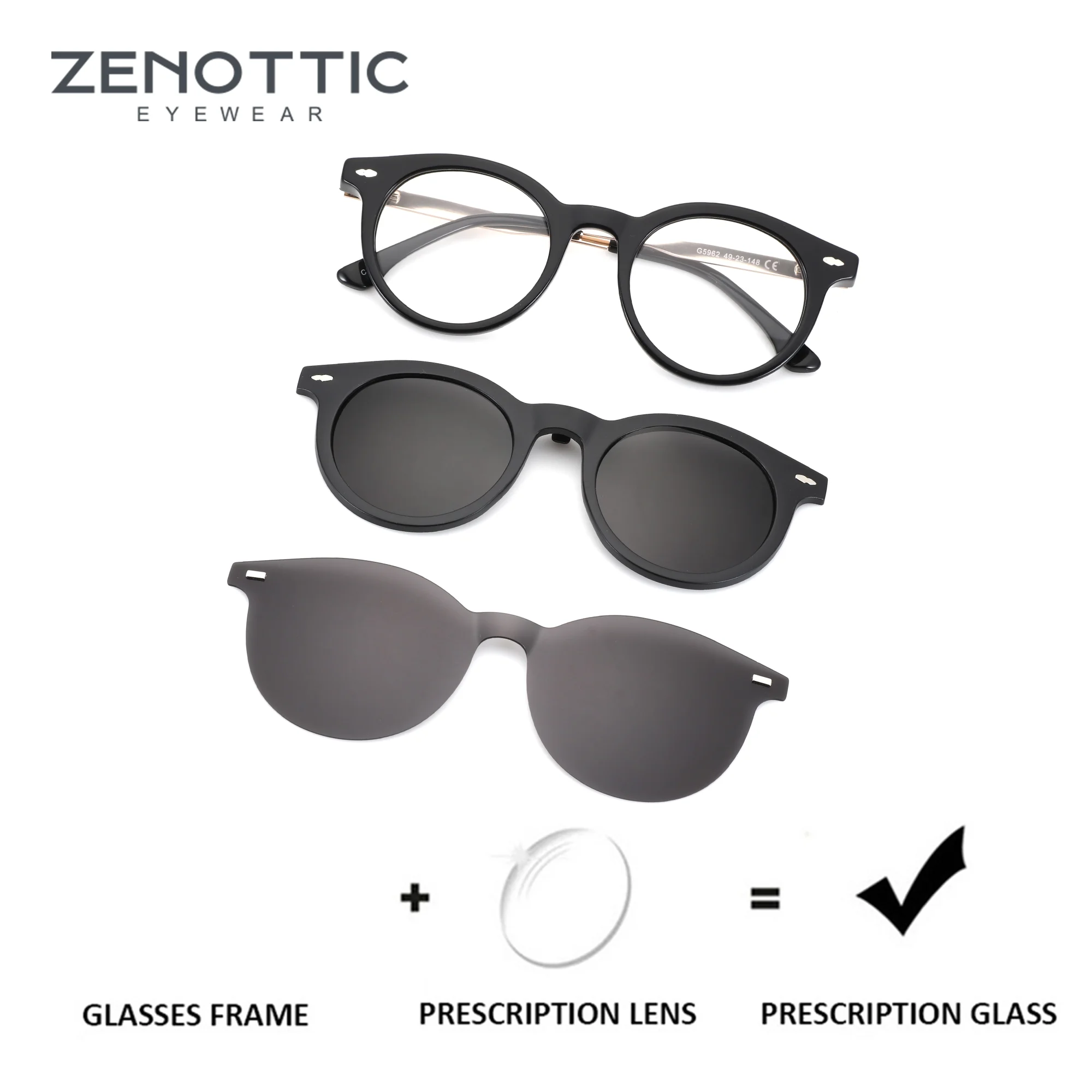 

ZENOTTIC (XL Size）Square Office Prescription Eyewear for Men Myopia Optical Glasses Acetate Frame with Clip On Shades