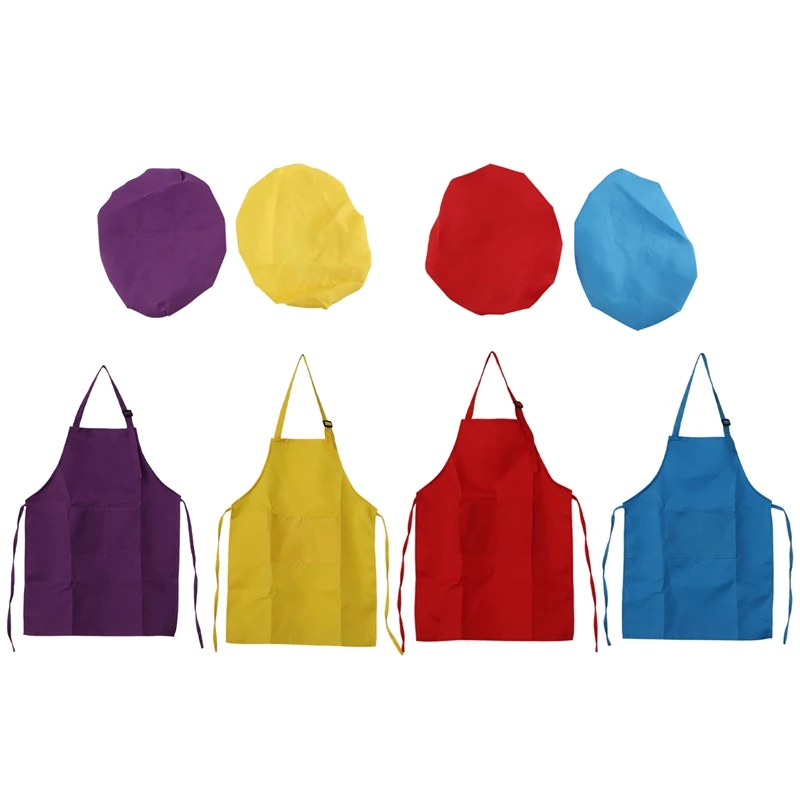 8-Piece Children's Apron and Chef Hat Set, Adjustable, with 2-Pocket Kitchen Apron Apron