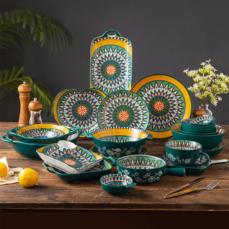 Juego de vajilla de cerámica, tazón de arroz, plato para servir, cubiertos creativos, plato para sopa, tazón con mango de fideos, plato para salsa, plato para fruta y ensalada de carne