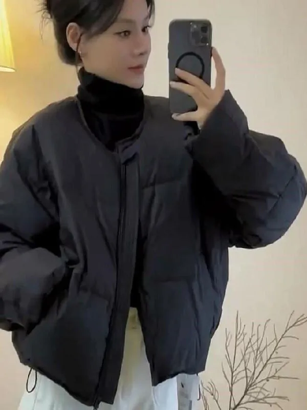 

Winter New Style Women's Loose Thickened No Collar Turtle Back round Neck Cotton Coat Bread Style Warm Fashionable Outerwear