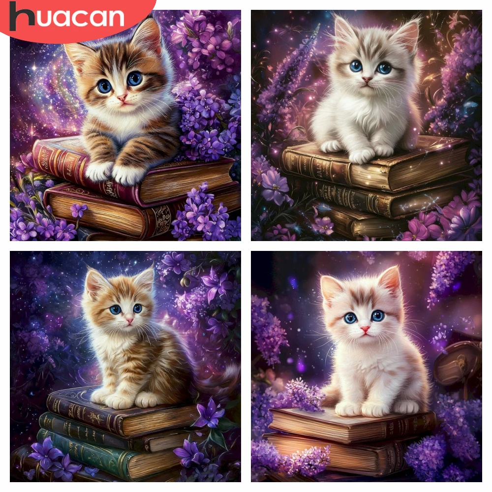 HUACAN Diamond Painting Neuheiten 2026 Katze Tier 5D DIY Diamant-Mosaik-Sets Buch Fliederblume für Wohnzimmer Heimdekoration
