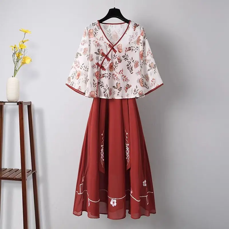 Vintage Chinoiserie Printed Short Sleeve T-shirt Sexy Suspender Chiffon Dress Two-piece Elegant Women Party Dress Summer Outfits