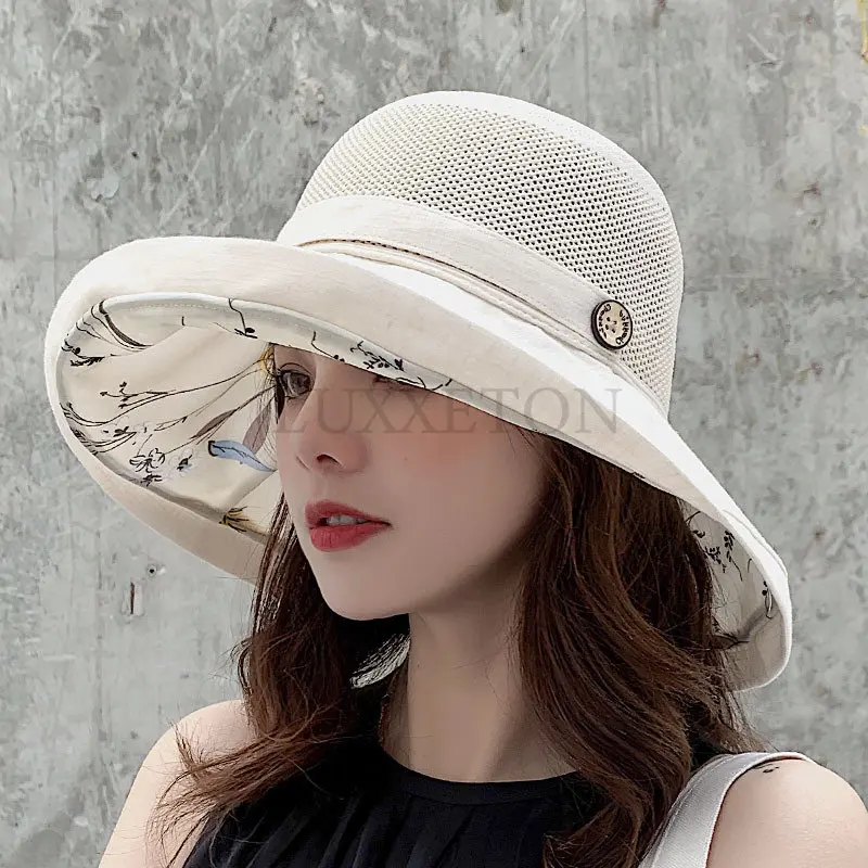 Summer Big Wide Brim Flower Sun Hat for Women Mesh UV Protection Beach Hat Female Net Foldable Sun Hats Lady\'s Bucket Hat