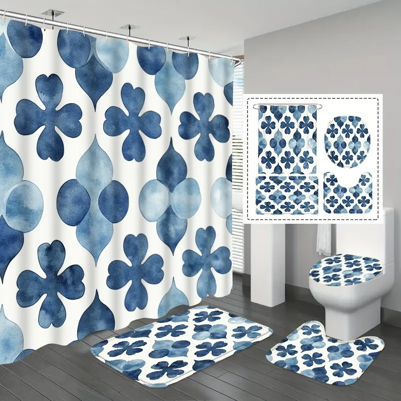 

4 шт. акварельный синий цветочный набор для ванной комнаты, полиэфирная ткань, включает в себя занавеску для душа, U-образный коврик, нескользящий коврик, чехол на сиденье унитаза
