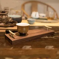 Black Walnut Brass Double Ear Tray Japanese-style Rectangular Solid Wood Tea Dessert Plate Decoration Storage Display