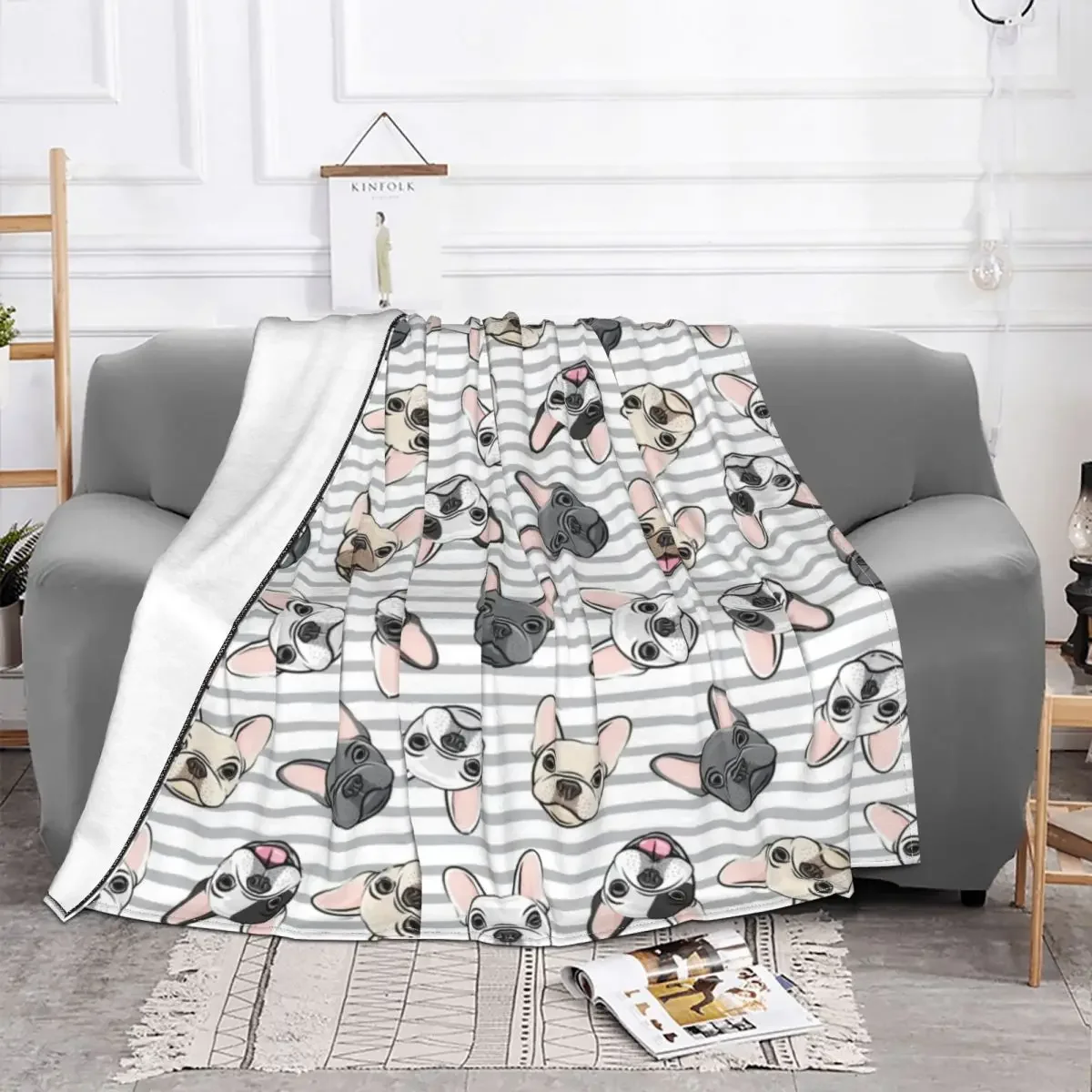 All The Frenchies Aqua Stripes Cute French Bulldog Dog Blankets Flannel Animal Puppy Breathable Warm Throw Blanket for Sofa