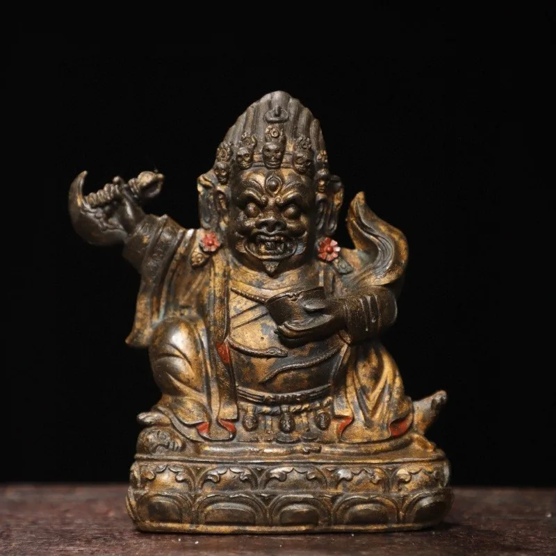 

Hand-Cast Premium Pure Copper Mahakala Statue - 5.1" Vintage Gilded Two-Armed Buddhist Figurine for Home Temple Altar Decor Gift