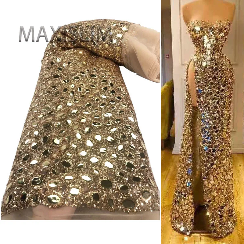 High Quality Mesh Embroidery Sequin Fabric 5Yards/Lot Ethnic Style African Lace Embroidery Fabric For Wedding Dress Width 120CM
