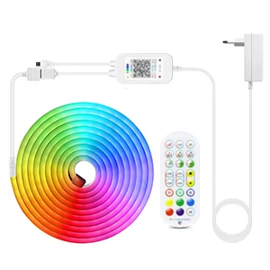 12V/24V EU-stekker RGB Neon LED-strip, 1/2/3/4/5/10/15M waterdichte RGB Neon Strip Bluetooth-app en afstandsbediening voor neon decorverlichting