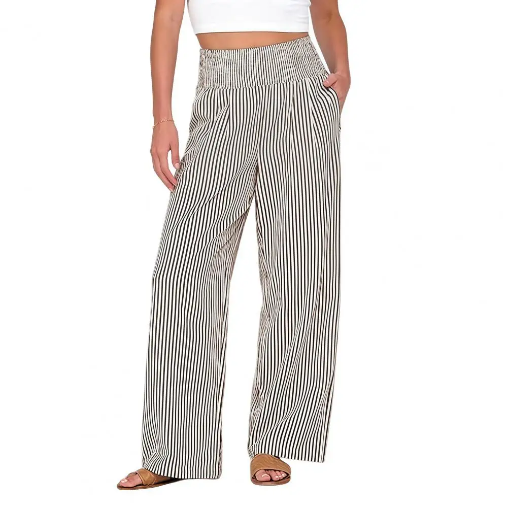Wrinkle Resistant Pants Women’s Striped Wide Leg Pants Summer Trousers with Elastic Waist Breathable Loose Fit Palazzo Pants