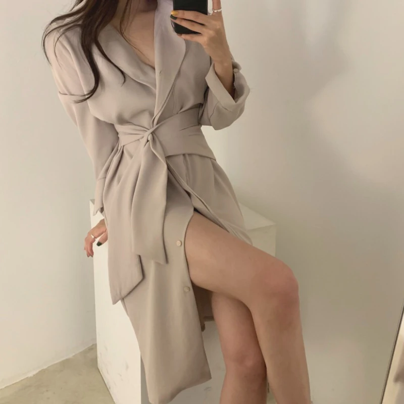 REALEFT Autunno Sinlge Breasted Camicie da donna allentate Abiti Telai 2025 Nuovo abito a trapezio elegante con spacco frontale a maniche lunghe femminile