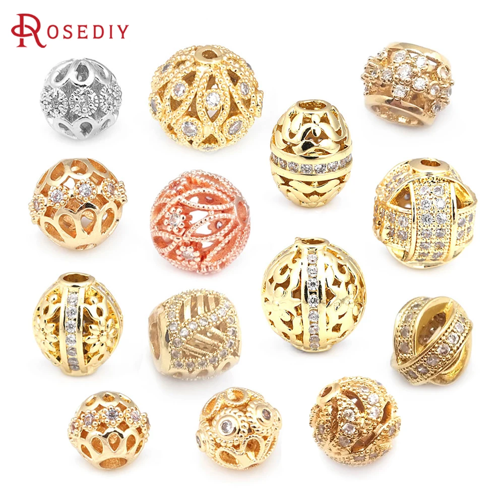 6MM 8MM 10MM 18K Gold Color Brass and Zircon Hollow Spacer Beads Bracelet Beads Jewelry Making Supplies Accessories for Women