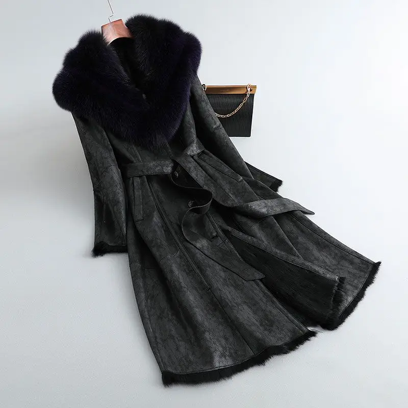 2023 New Genuine Leather Rabbit Fur Integrated Women's Long Over Knee Big Fox Fur Collar Slim Fit Fur Coat