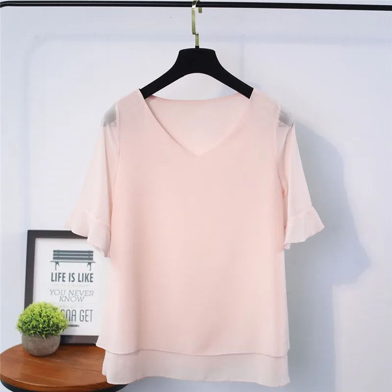 Fashion Brand half sleeve Women' blouse Summer New Chiffon shirt Sheer ONeck Casual blouse Female Tops