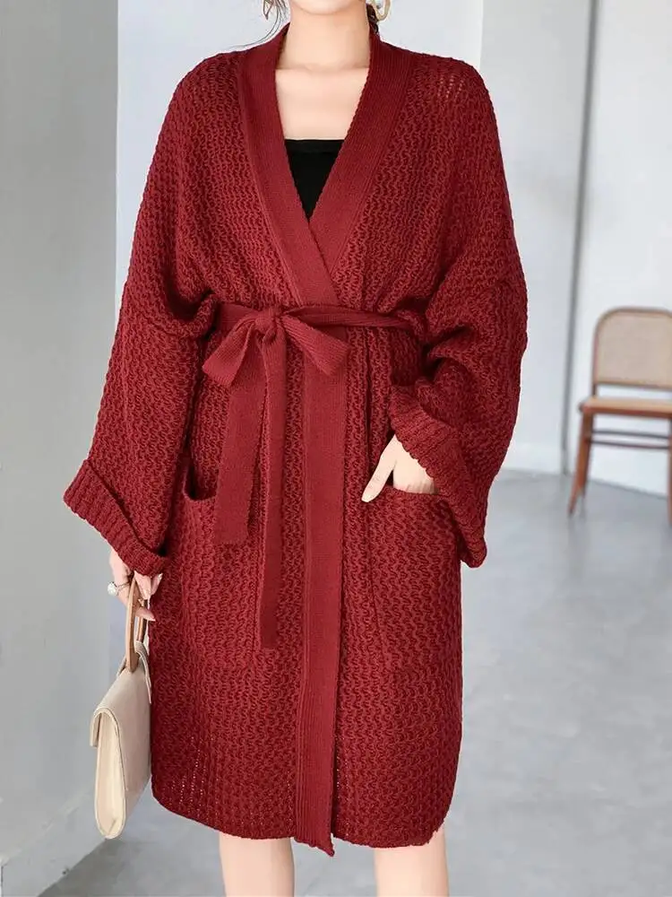 

Винно-красный вязаный кардиган с поясом большого размера, свитер с v-образным вырезом и длинным рукавом, женская новая мода, весна-осень