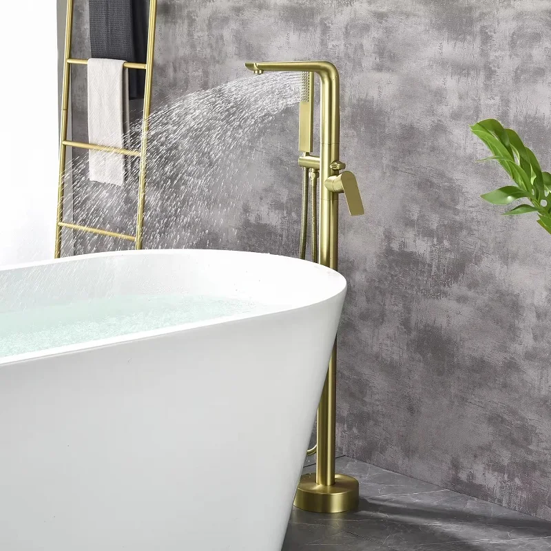 Luxury Brass Brushed gold/ Black floor mounted bathtub faucet floor standing Bathroom Bathtub shower faucet Tap with hand shower