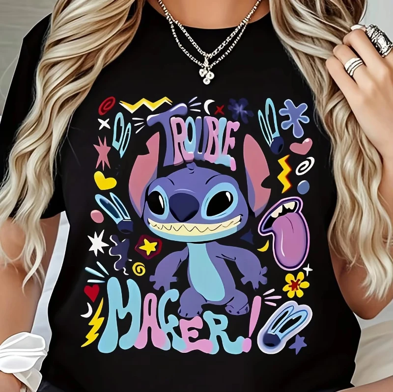 

MINISO Stitch Evil Pattern T-shirt - Stitch and Stitch Face, - Soft Round Neck Casual, Machine Washable